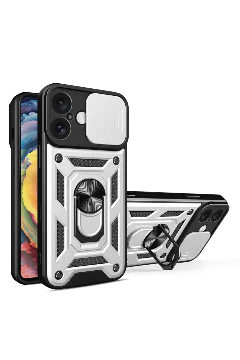 Newface İphone 16 Kılıf Pars Lens Yüzüklü Silikon - Gümüş
