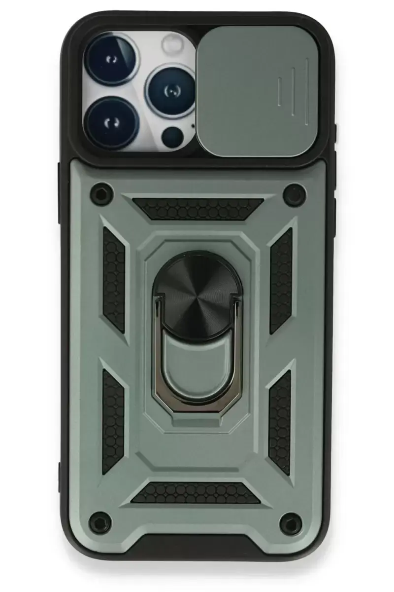 Newface Apple İphone 15 Pro Max Kılıf Pars Lens Yüzüklü Silikon - Yeşil