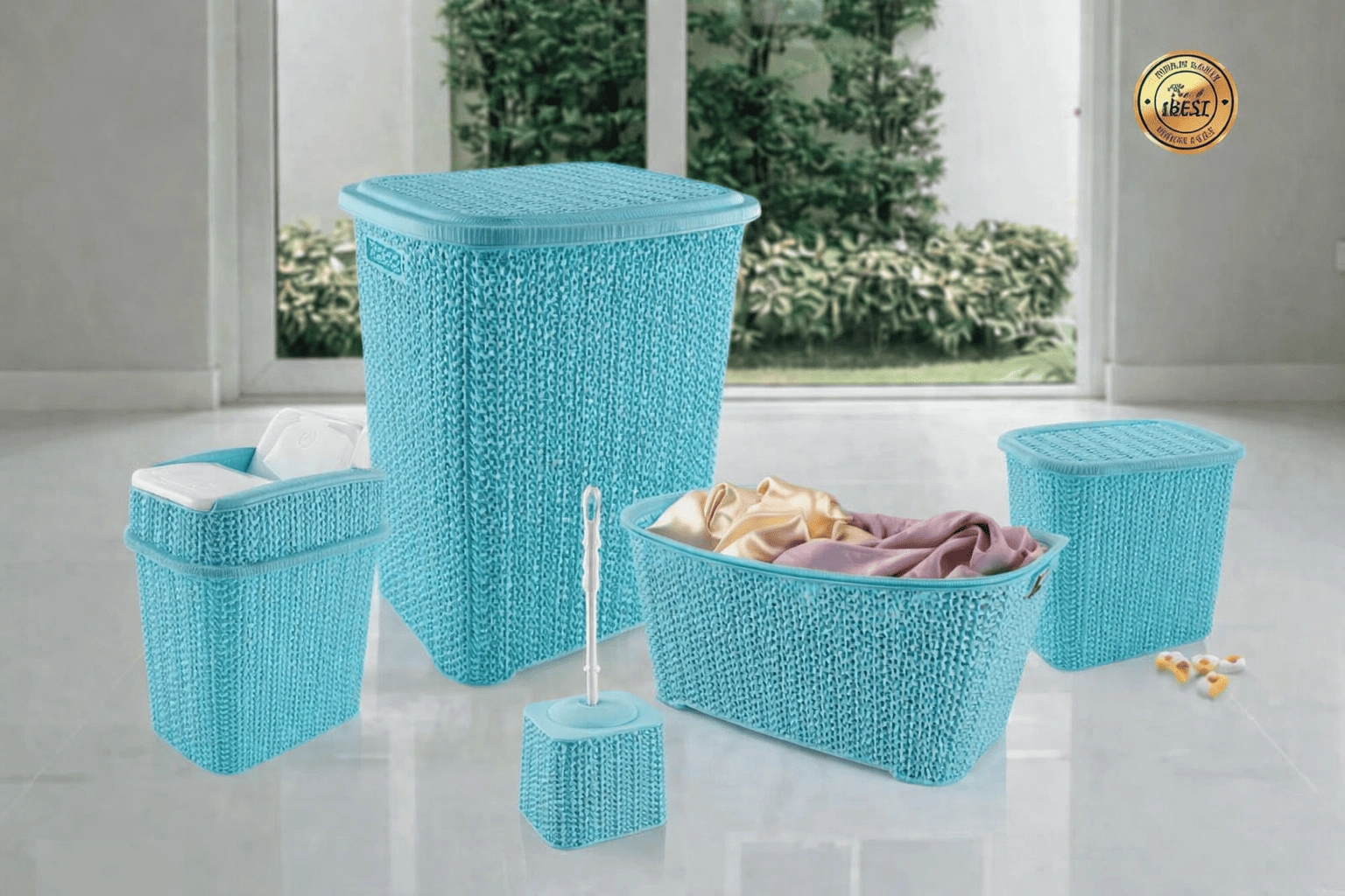 5 Parça Örgü Desenli Plastik Banyo Seti Çamaşır Sepeti Deterjanlık Çöp Kovası Klozet Fırçası - Mavi