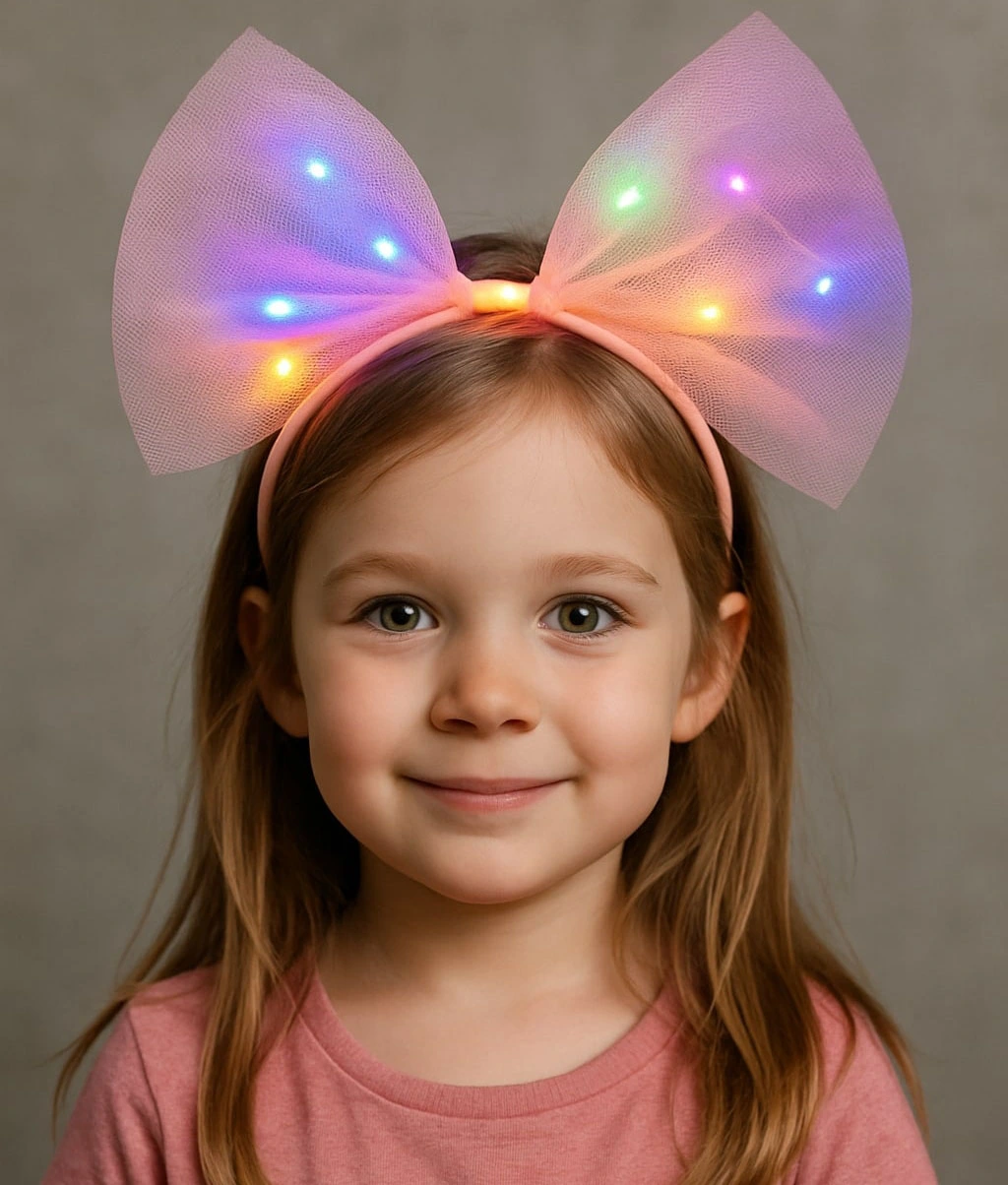 Rengarenk Led Işıklı Fiyonk Şekilli Tül Parti Tacı Pembe Renk 25x25 Cm