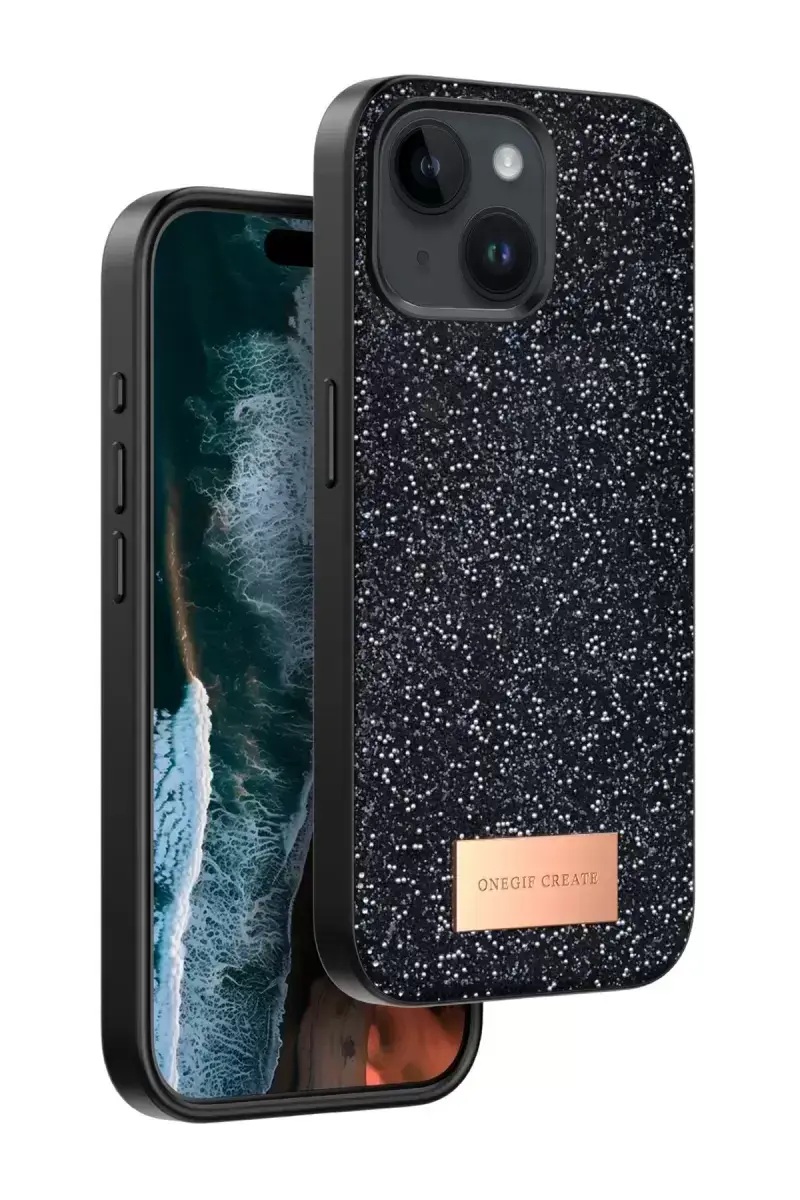 Onegif Apple İphone 15 Bright Simli Kapak - Siyah