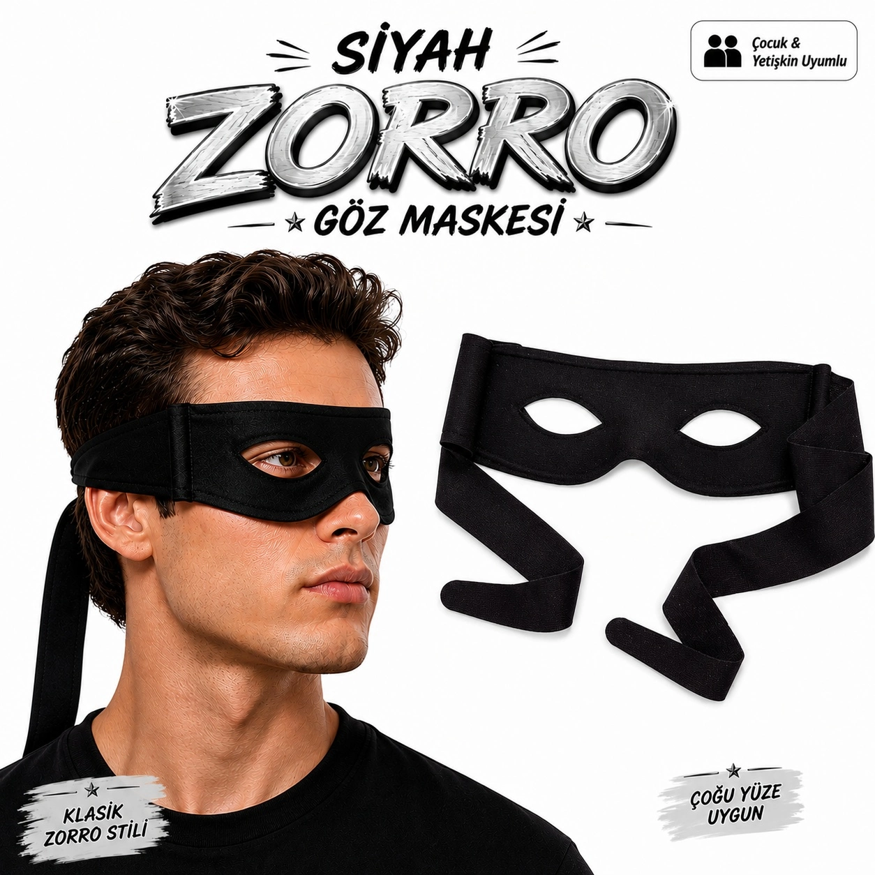 Siyah Zorro Göz Maskesi – Bağlamalı Parti ve Kostüm Aksesuarı