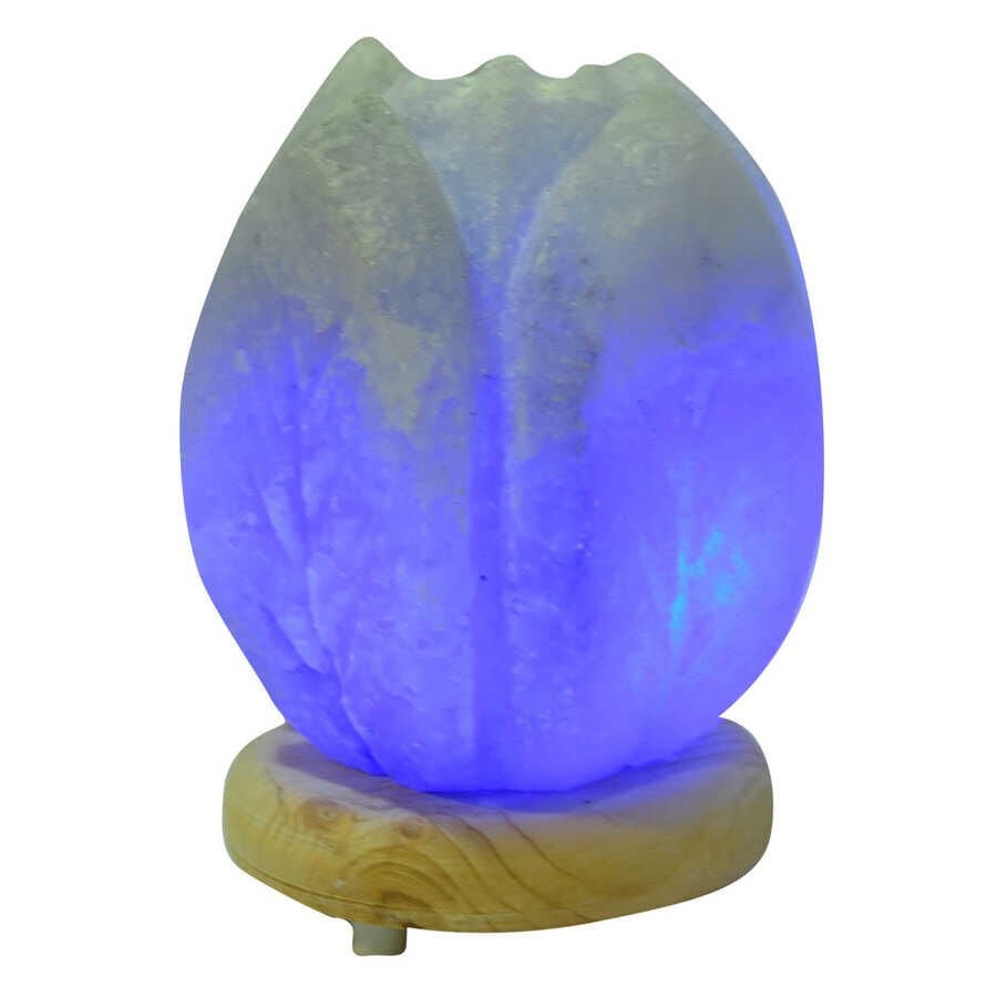 Kabartma Lale Desenli Doğal Kaya Tuzu Lambası Kablolu Ampullü Beyaz 1-2 Kg