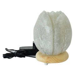 Kabartma Lale Desenli Doğal Kaya Tuzu Lambası Kablolu Ampullü Beyaz 1-2 Kg