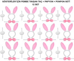 Pembe Tavşan Kostüm Seti – Taç, Papyon, Ponpon (12’li Paket)