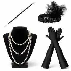 1920’ler Çarliston Aksesuar Seti – İnci Kolye, Eldiven, Sigara Tutucu, Siyah Saç Bandı