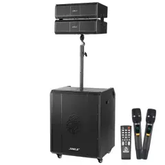 Shile Sl-9 400w Aktif Kule Ses Sistemi 2 Adet Kablosuz Mikrofonlu Tekerlekli Mdf Kasa Bluetooth/tws/dsp Destekli Pa Seti