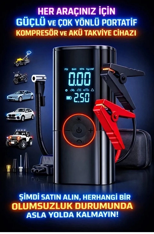 St-9650 Şarjlı 10.000 Mah Taşınabilir Araç Hava Kompresörü Akü Takviyeli Dijital Ekranlı Işıklı Çantalı