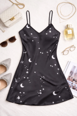 Yıldızlı Gökyüzü Desenli Askılı Saten Gecelik Tm1387