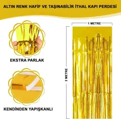 Ekstra Metalize Parlak Saçaklı Arka Fon Perde Gold