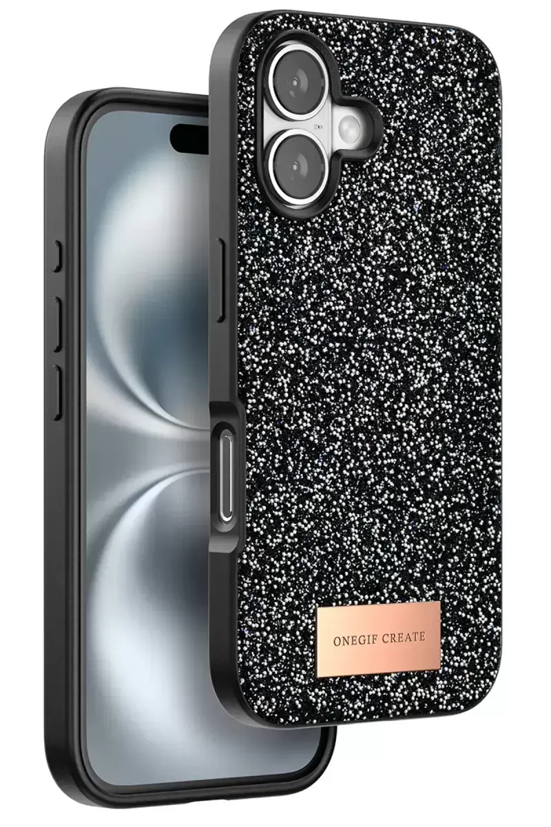 Onegif Apple İphone 16 Bright Simli Kapak - Siyah