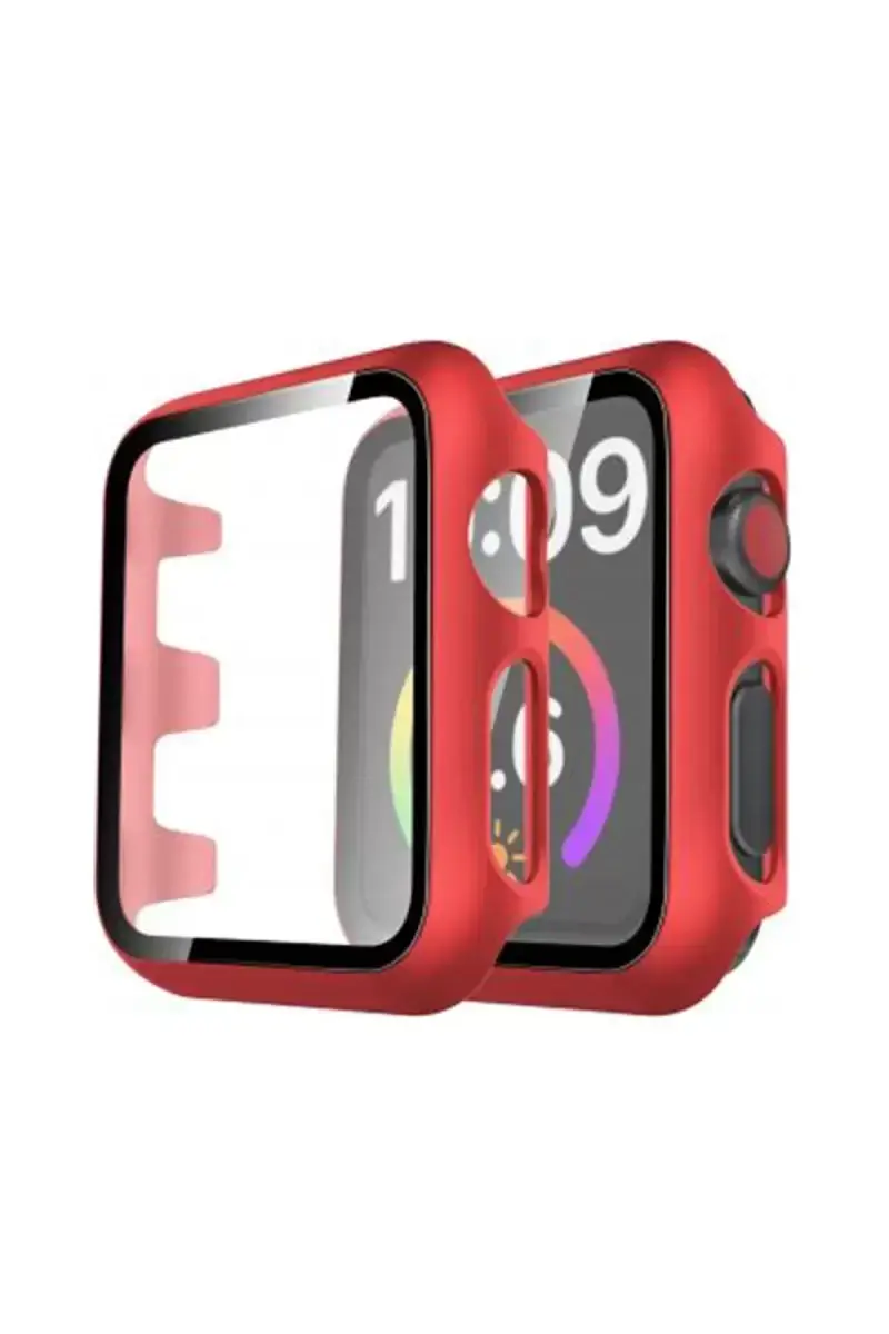 Newface Apple Watch 44mm Camlı Kasa Ekran Koruyucu - Kırmızı