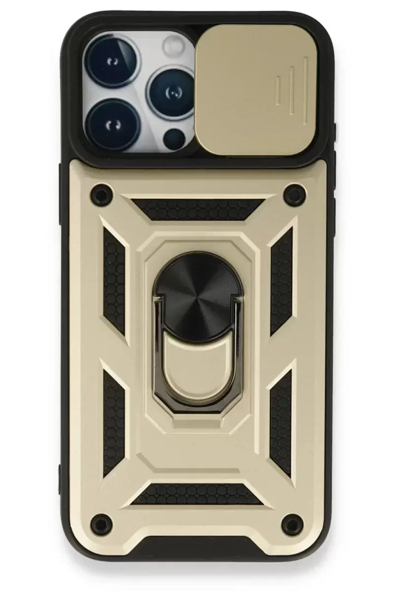 Newface İphone 15 Pro Kılıf Pars Lens Yüzüklü Silikon - Gold