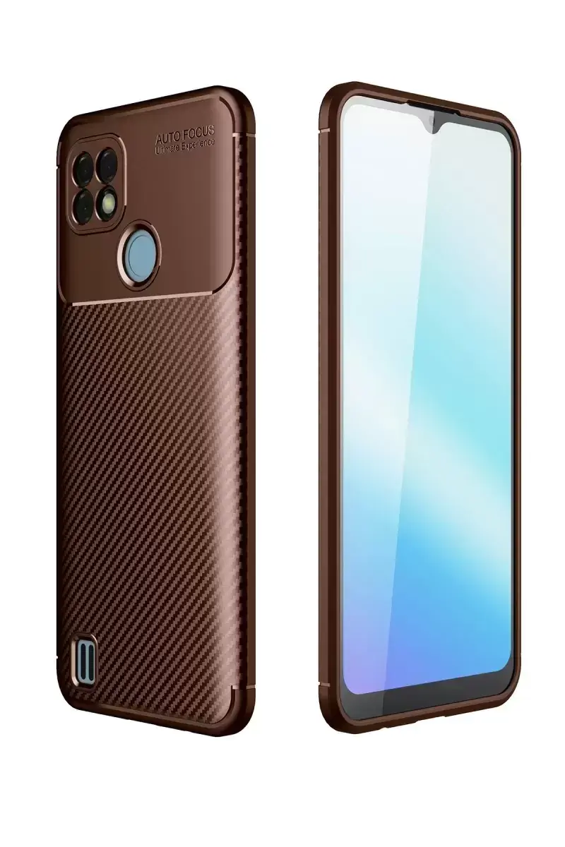 Newface Realme C21 Kılıf Auto Focus Karbon Kapak - Kahverengi