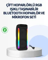 Rgb Işıklı Çift Hoparlörlü Taşınabilir Bluetooth Speaker Ve Mikrofon