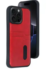 Newface İphone 15 Pro Max Kılıf Sara Kartvizitli Deri Kılıf - Kırmızı