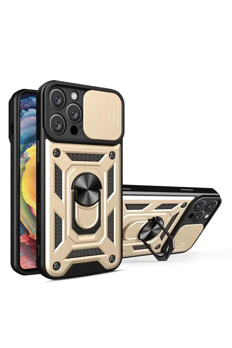 Newface İphone 16 Pro Kılıf Pars Lens Yüzüklü Silikon - Gold
