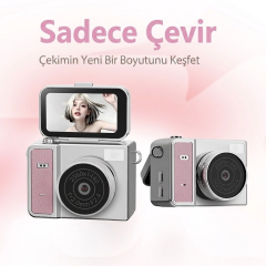 2k Mini Dijital Retro Video Kamera Flaşlı Dijital Vlog Mini Fotoğraf Makinesi Türkçe Menü Bej