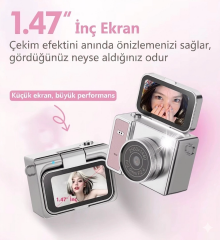 2k Mini Dijital Retro Video Kamera Flaşlı Dijital Vlog Mini Fotoğraf Makinesi Türkçe Menü Bej