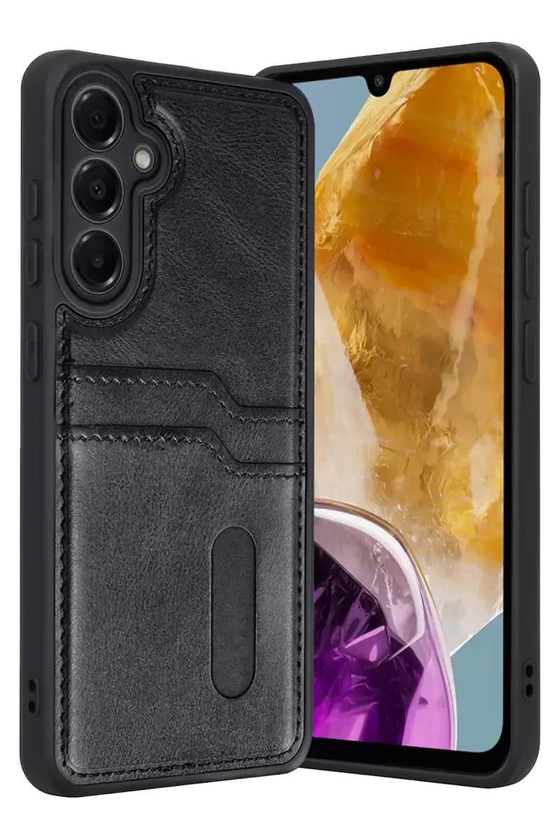 Newface Samsung Galaxy M15 Sara Kartvizitli Deri Kılıf - Siyah
