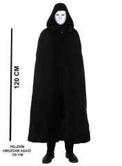 Siyah Kapüşonlu 120 Cm Pelerin Ve Beyaz Boyanabilir Tam Yüz Maske