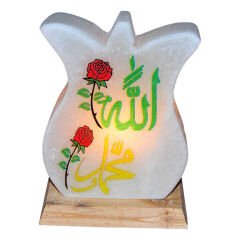 Lale Desenli Allah Muhammed Lafzı Logolu Doğal Kaya Tuzu Lambası Kablolu Ampullü Beyaz 2-3 Kg
