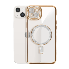 İphone 14 Kılıf Joke Simli Magneticsafe Kılıf - Gold