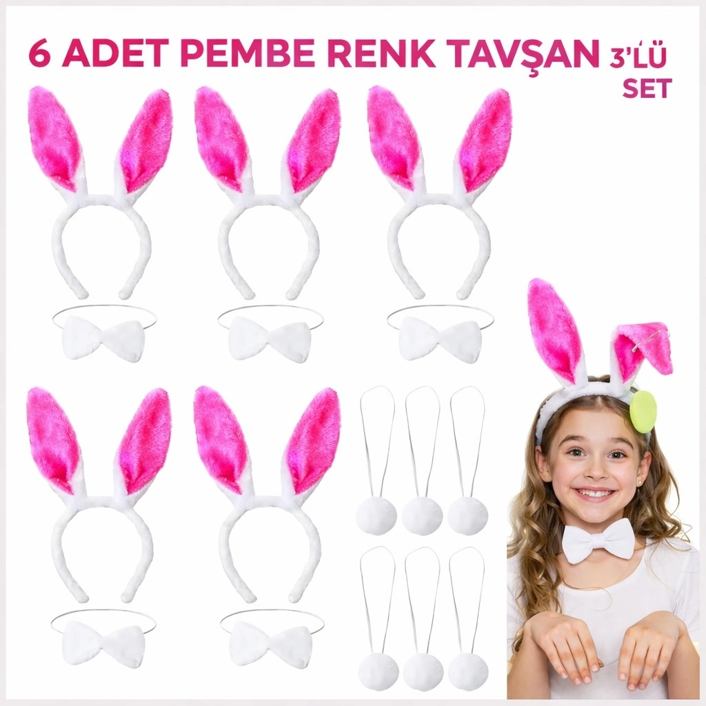 Şeker Pembesi Tavşan Sahne Seti 6'lı Set Taç Papyon Kuyruk