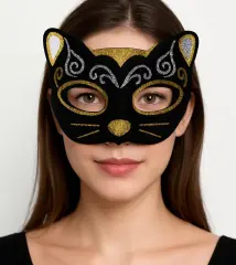 Kadife Dokulu Simli Kedi Maskesi Altın Gümüş Detaylı