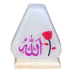 Üçgen Şekilli Allah Lafzı Logolu Doğal Kaya Tuzu Lambası Kablolu Ampullü Beyaz 1-2 Kg