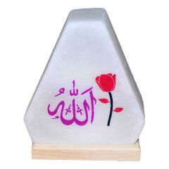 Üçgen Desenli Allah Lafzı Logolu Doğal Kaya Tuzu Lambası Kablolu Ampullü Beyaz 2-3 Kg
