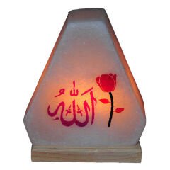 Üçgen Desenli Allah Lafzı Logolu Doğal Kaya Tuzu Lambası Kablolu Ampullü Beyaz 2-3 Kg