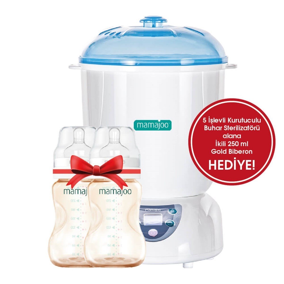 Mamajoo 5 İşlevli Kurutmalı Buhar Sterilizatörü & Mama Isıtıcısı / Gold İkili Biberon 250ml Hediye