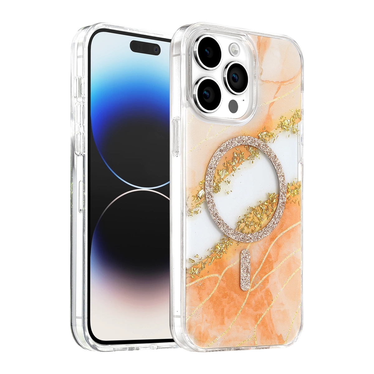 Onegif  İphone 14 Pro Max Lotus Simli Magsafe Kapak - Turuncu