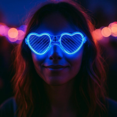 Mavi Led Işıklı Kalp Gözlük – 3 Modlu Parti & Glow Gözlüğü