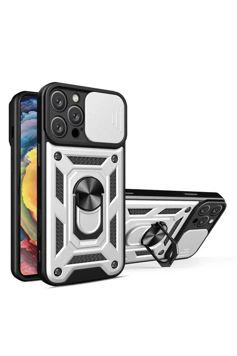 Newface İphone 16 Pro Kılıf Pars Lens Yüzüklü Silikon - Gümüş