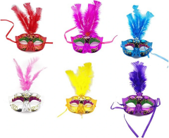 Renkli Tüylü Venedik Parti Maskesi Karışık Renk 12 Adet