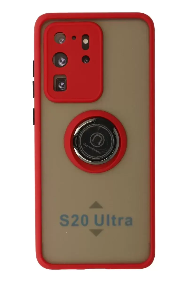 Newface Samsung Galaxy S20 Ultra Kılıf Montreal Yüzüklü Silikon Kapak - Kırmızı