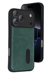 Newface Apple İphone 17 Pro Max Sara Kartvizitli Deri Kılıf - Yeşil