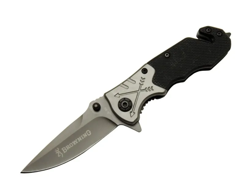 Browning 8-10 Siyah Kurtarma / Kamp Çakı 16,5cm - Yarı Otomatik, Kemerlikli, Cam Kırma Ve İp Kesme Aparatlı, Ok Figürlü Sap