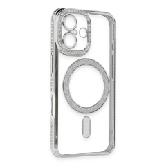 İphone 16 Kılıf Joke Simli Magneticsafe Kılıf - Gümüş