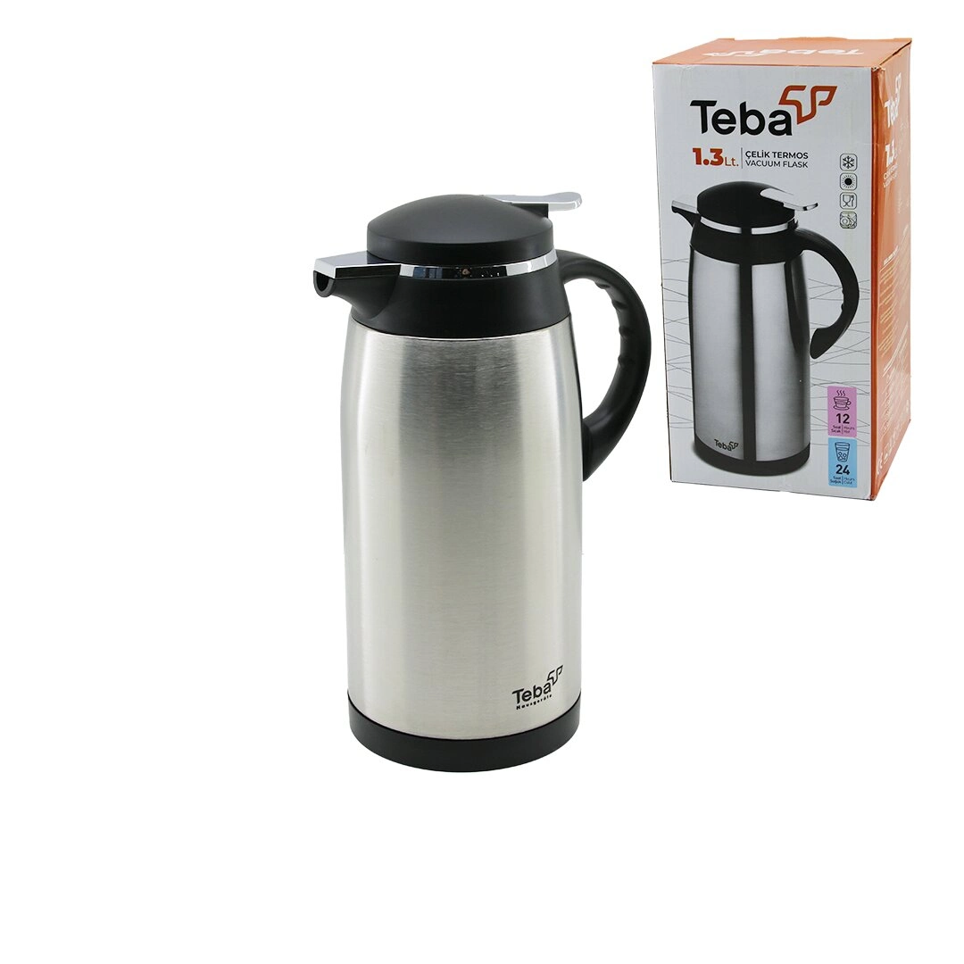Termos Teba 1.3lt Çelik Termos İç Kısmı Cam 12 Saat Sıcak 24 Saat Soğuk Çift Contalı Kapak