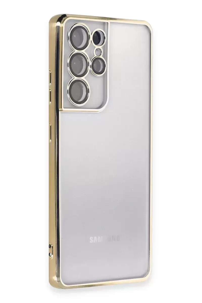 Newface Samsung Galaxy S21 Ultra Kılıf Razer Lensli Silikon - Gold