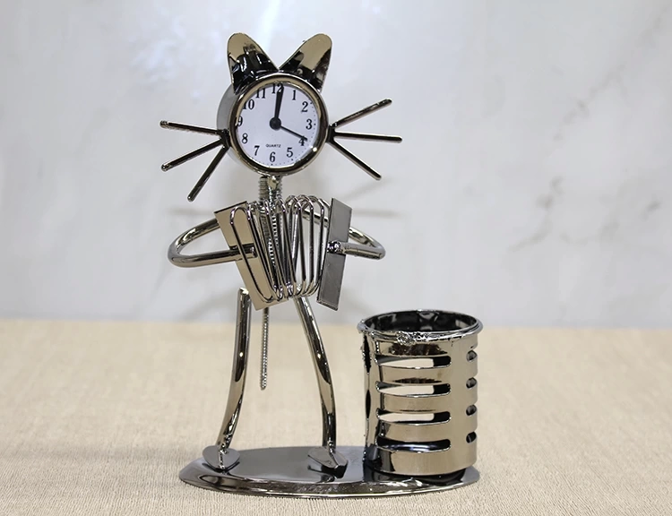Metal Akordiyon Çalan Kedi Müzisyen Saat Ve Kalemlik Alk4344