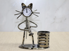 Metal Saksafon Çalan Kedi Müzisyen Saat Ve Kalemlik Alk4346