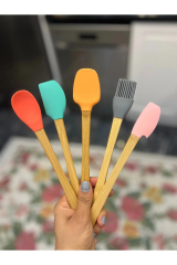 5'li Renkli Ahşap Saplı Silikon Uçlu Spatula Fırçalı Kaşık Seti -yemek Hazırlık Seti 21 Cm