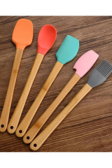 5'li Renkli Ahşap Saplı Silikon Uçlu Spatula Fırçalı Kaşık Seti -yemek Hazırlık Seti 21 Cm