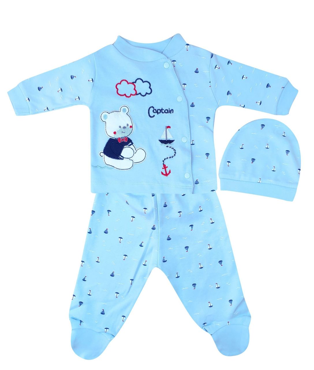 AyBaby AY493 Yelken Baskılı 3Lü Bebek Zıbın Seti - Mavi