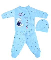 AyBaby AY493 Yelken Baskılı 3Lü Bebek Zıbın Seti - Mavi