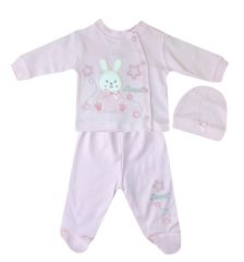AyBaby AY495 Tavşan Baskılı Patikli 3Lü Bebek Zıbın Takımı 0-3 Ay - Pembe